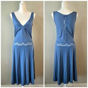 Vintage Y2k Romantic Fairy Lace Inset Plunge Neck Midi Dress Blue M Coquette